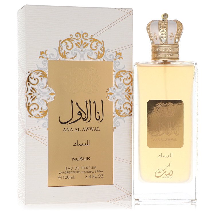 Perfume bottle and packaging of Ana Al Awwal with decorative elements on a white background