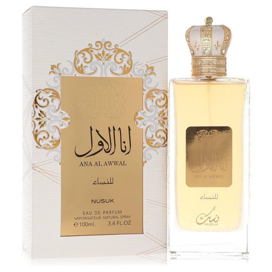Perfume bottle and packaging of Ana Al Awwal with decorative elements on a white background