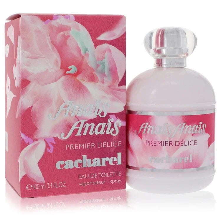 Cacharel Anais Anais Premier Delice perfume bottle and packaging with floral design.