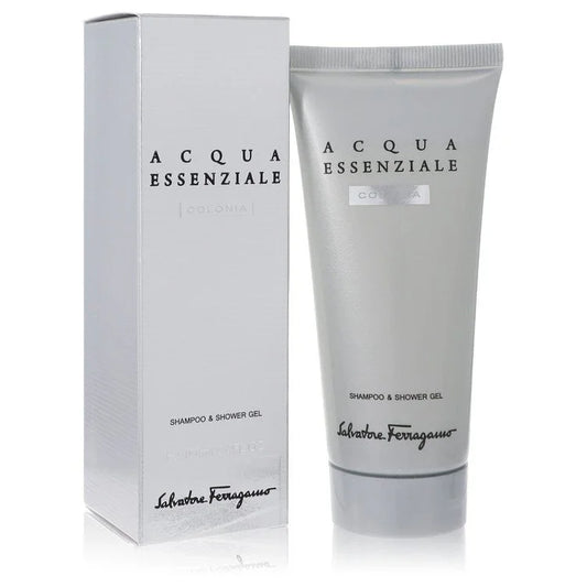 Salvatore Ferragamo Acqua Essenziale shampoo and shower gel with packaging on a white background