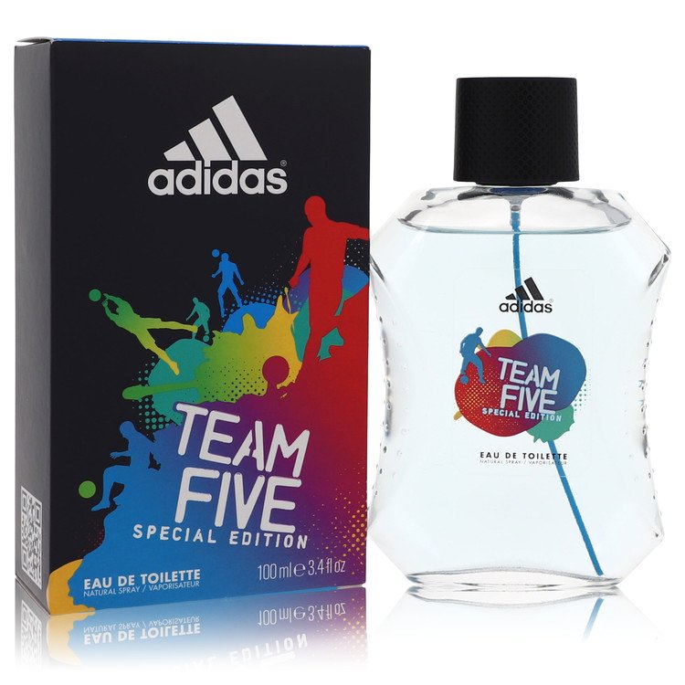 Adidas Team Five Cologne bottle — Fresh Woody Aromatic men's fragrance with lemon, bergamot, lavender, and cedarwood notes