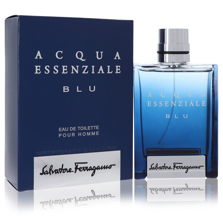 Salvatore Ferragamo Acqua Essenziale Blu cologne bottle — Aromatic aquatic men's fragrance with bergamot, lavender, and ambroxan notes