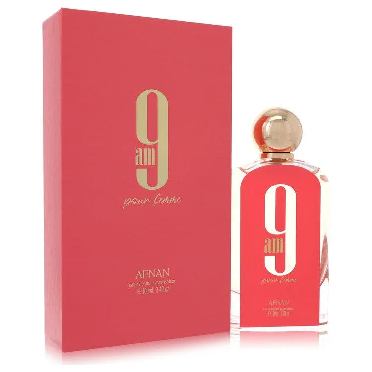Afnan 9am Pour Femme Eau de Parfum pink bottle — oriental amber women's fragrance with mandarin orange, grapefruit, bergamot, raspberry, blackcurrant, musk, amber, and orange
