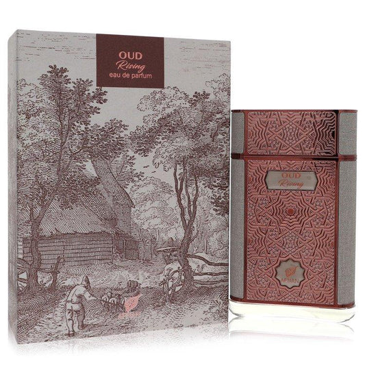 Perfume packaging with nature-themed design and intricate patterns