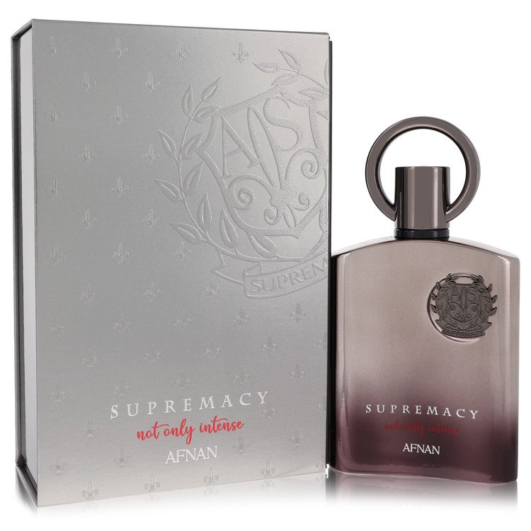 Supremacy Not Only Intense Cologne by Afnan bottle — amber spicy men's fragrance with bergamot, apple, black currant, oakmoss, saffron, musk, and ambergris.
