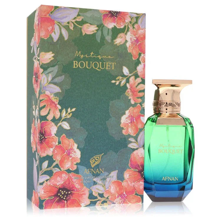 Afnan Mystique Bouquet Eau de Parfum bottle in ornate glass — fresh floral fragrance with mandarin orange, lychee, and peony.