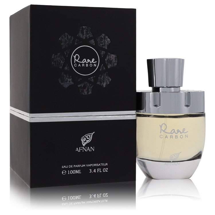 Afnan Rare Carbon Cologne bottle — woody spicy men's fragrance with pink pepper, bergamot, lemon, nutmeg, geranium, lavender, patchouli, cedarwood, vetiver, amber, and musk