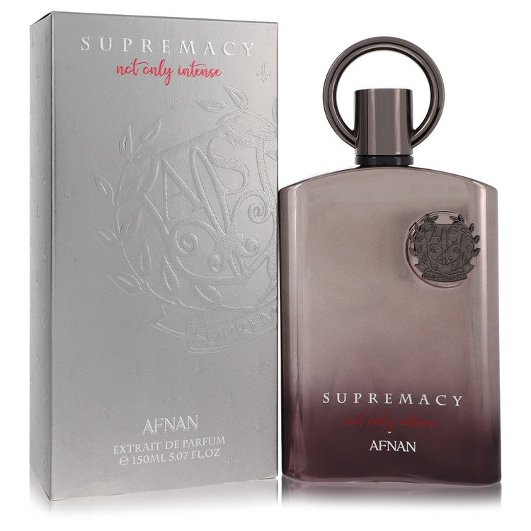 Supremacy Not Only Intense Cologne by Afnan bottle — amber spicy men's fragrance with bergamot, apple, black currant, oakmoss, saffron, musk, and ambergris.
