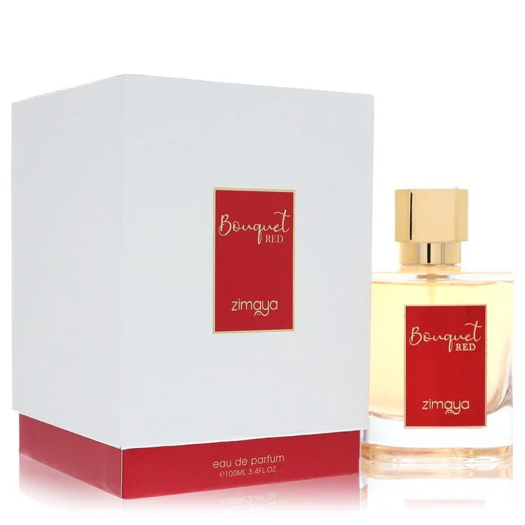 Afnan Zimaya Bouquet Red Perfume signature luxury heavy crimson glass flacon showcasing its unique structural contours and elegant golden details