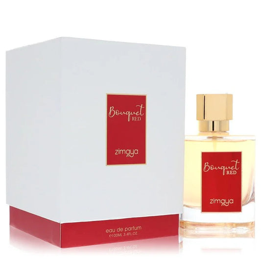 Perfume bottle and packaging of 'Bouquet Red' by zimaya on a white background