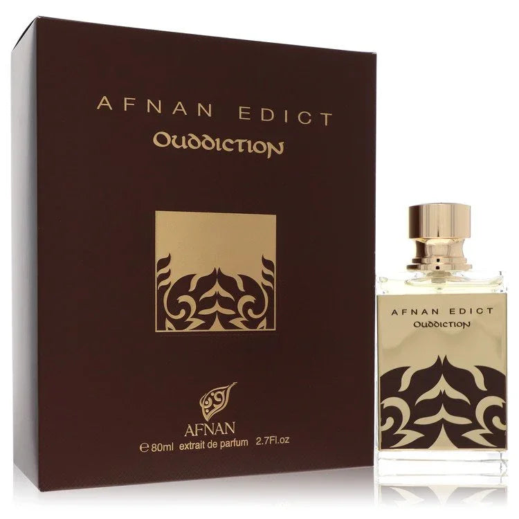 Afnan Edict Ouddiction perfume bottle and packaging on a white background
