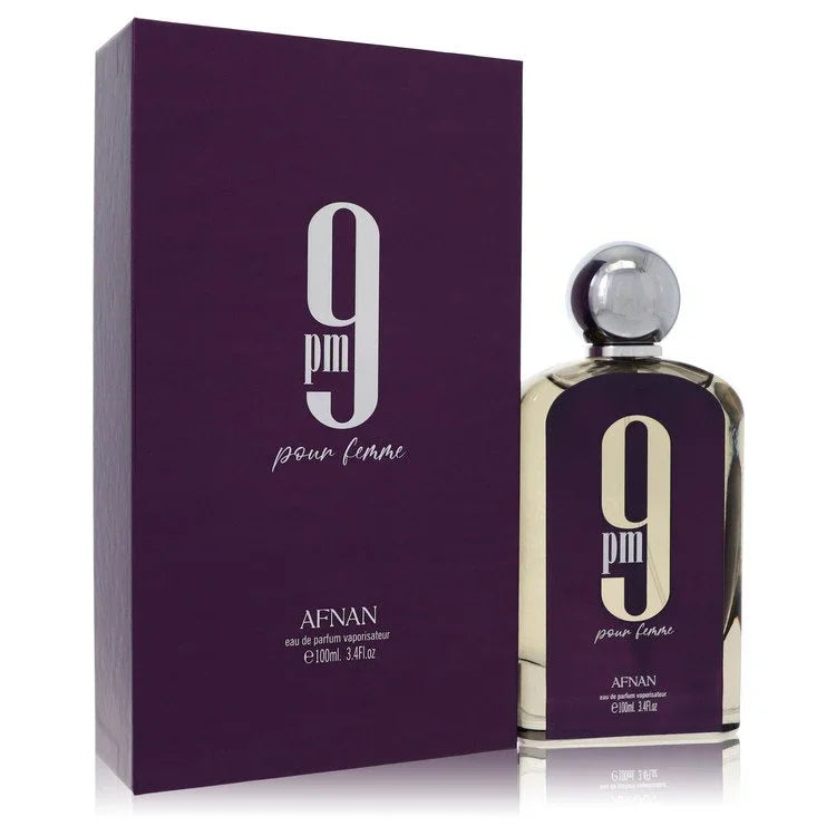 Afnan 9pm Pour Femme bottle — floral woody perfume with apple, raspberry, rose, peony, cedar, and amber notes.