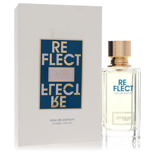 Zimaya Reflect by Afnan Eau de Parfum bottle with jasmine, orange blossom, peony, lychee, peach, moss, musk, and petalia