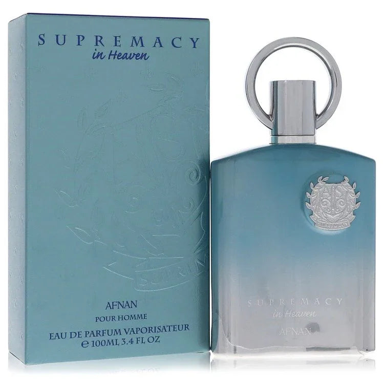 Perfume bottle and packaging of 'Supremacy in Heaven' by Afnan on a white background