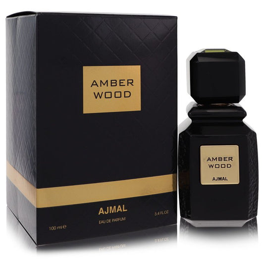 AJMAL Amber Wood perfume bottle and packaging on a white background