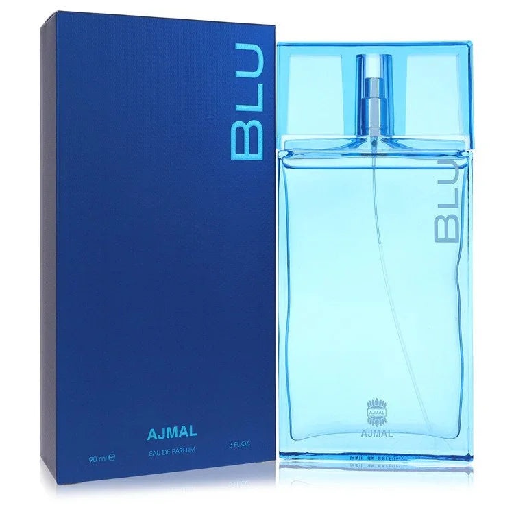 Blue BLU Ajmal perfume bottle and packaging on a white background, a fresh aquatic woody fragrance for men