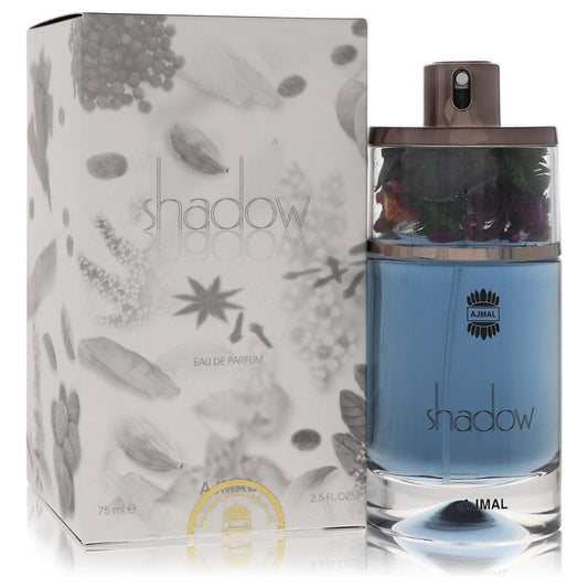 Perfume bottle and packaging with 'shadow' branding on a white background