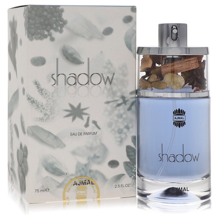 Ajmal Shadow Eau de Parfum bottle — woody spicy men's fragrance with saffron, lavender, green apple, patchouli, vetiver, cedar, oud, musk, and sandalwood notes.