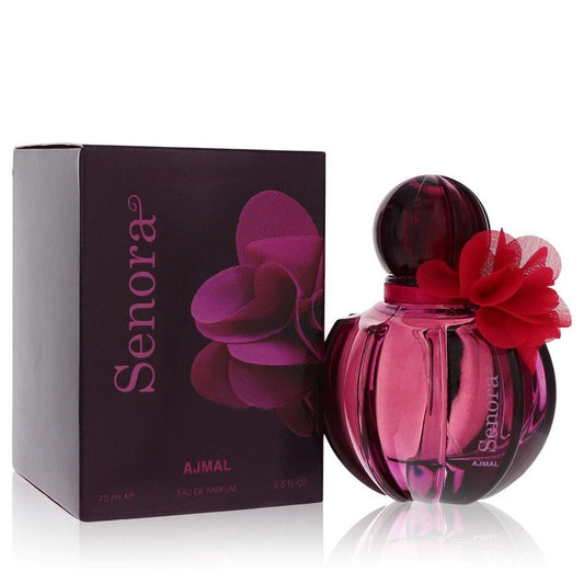 Pink perfume bottle with red flower and matching box labeled 'Senora' by Ajmal on a white background