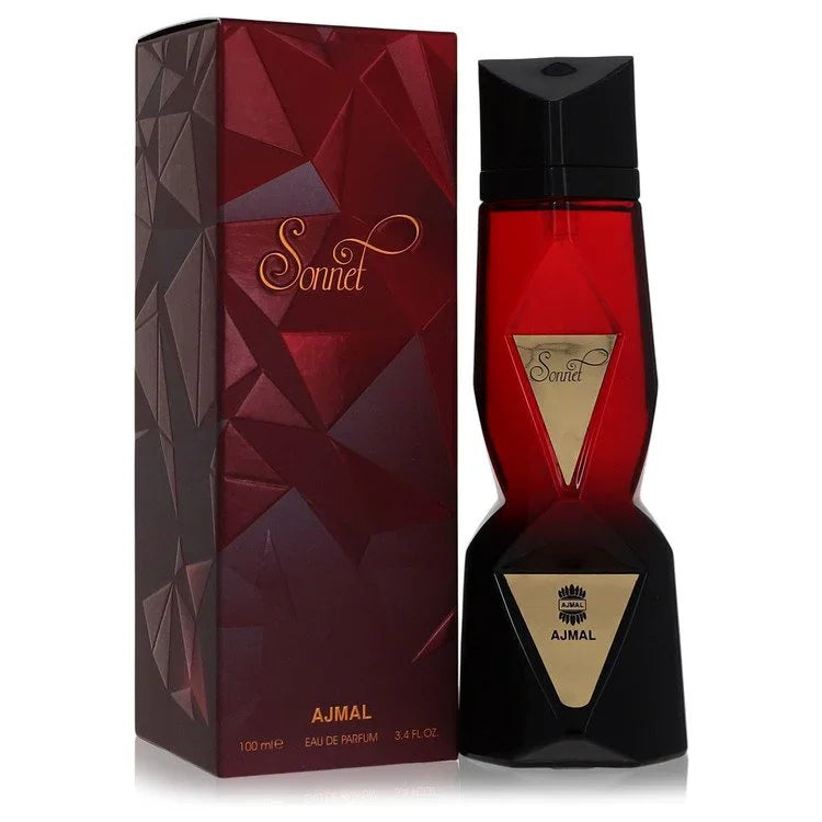 Ajmal Sonnet Eau de Parfum bottle — amber floral women's perfume with sweet almond, bergamot, tuberose, orange blossom, and vanilla sandalwood notes.