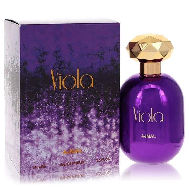 Purple 'Viola' Ajmal perfume bottle and packaging on a white background