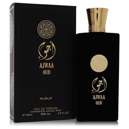 AJWAA OUD perfume bottle and packaging on a white background