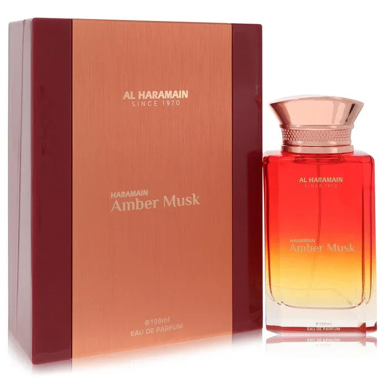 Al Haramain Amber Musk Eau de Parfum bottle with oud, white musk, raspberry, rose, saffron, benzoin and amberwood