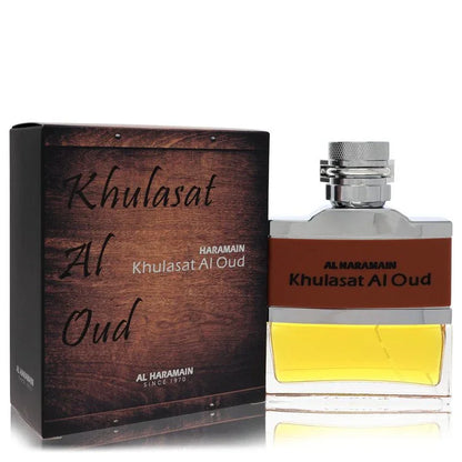 Al Haramain Khulasat Al Oud Cologne bottle — smoky amber woody oud-style fragrance with rose, citrus, leather, smoke, woods, labdanum, musk, resins, and amber.