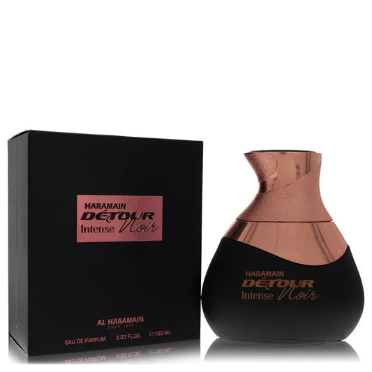 Haramain Detour Intense Noir perfume bottle and packaging on a white background