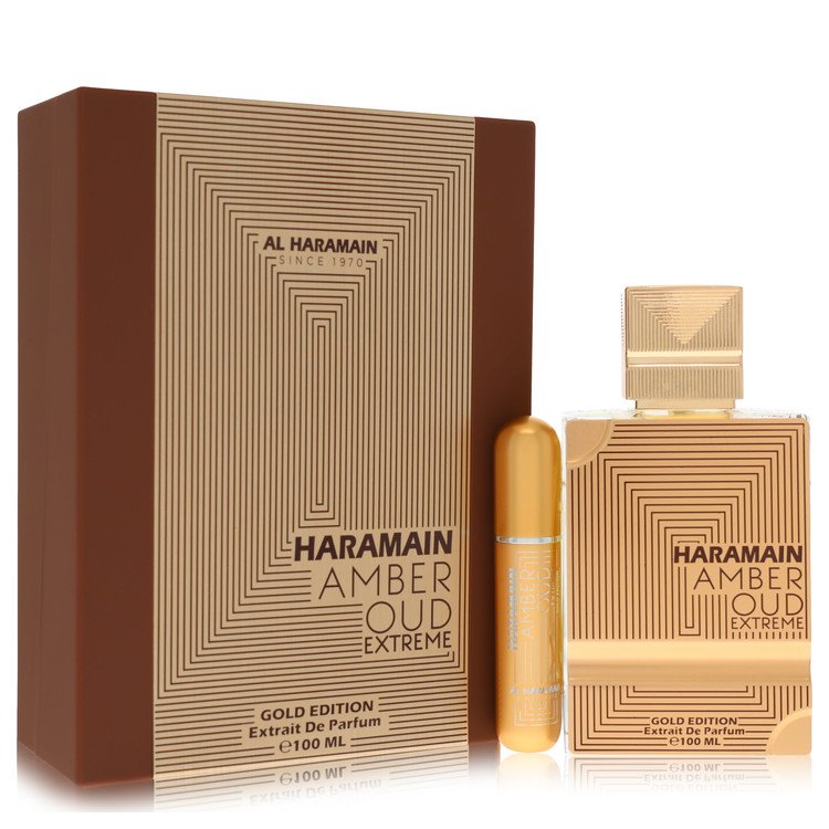 Haramain Amber Oud Extreme Gold Edition perfume bottle and packaging on a white background