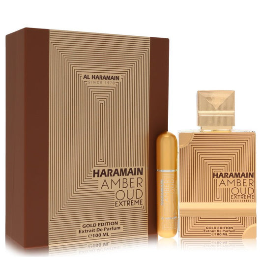 Haramain Amber Oud Extreme Gold Edition perfume bottle and packaging on a white background