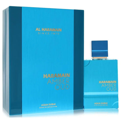 Al Haramain Amber Oud Aqua Dubai bottle in deep blue with gold lettering and matching cap