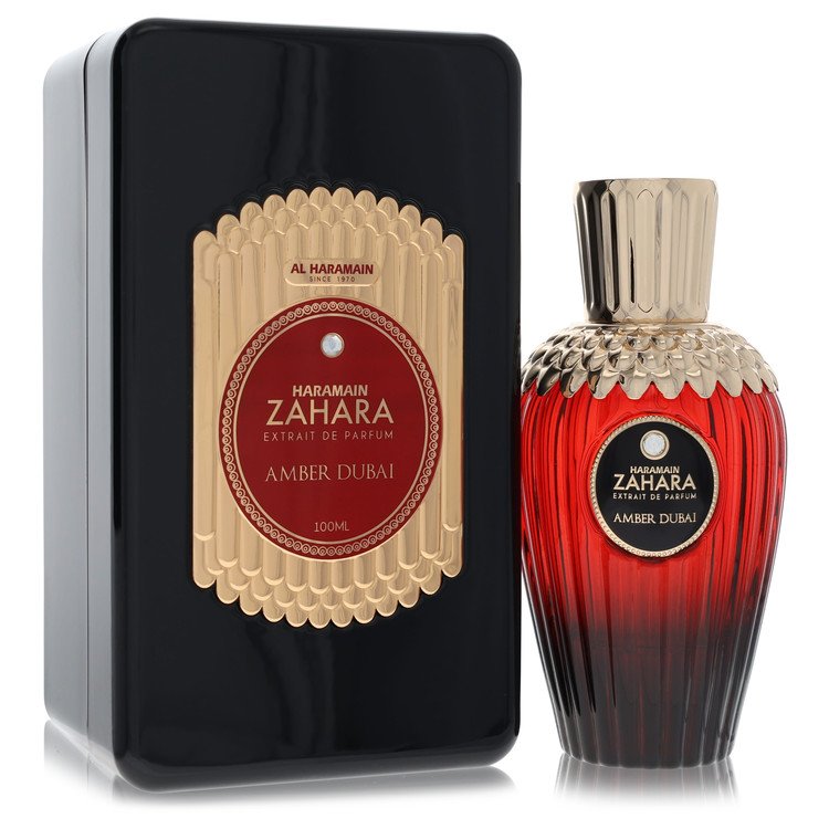 Haramain Zahara Amber Dubai perfume bottle and packaging on a white background
