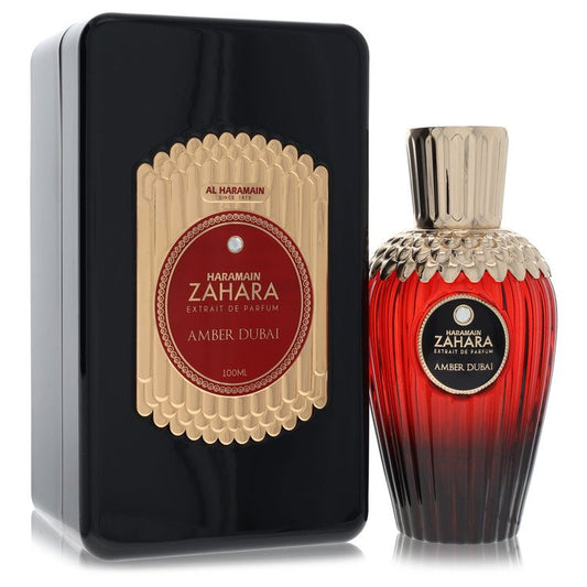 Haramain Zahara Amber Dubai perfume bottle and packaging on a white background