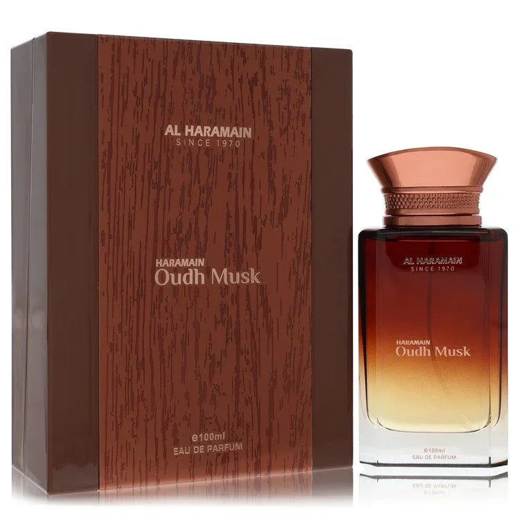 Al Haramain Oudh Musk perfume bottle and packaging on a white background, a woody oriental fragrance for men