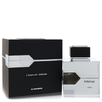 Al Haramain L'aventure Eau de Parfum bottle - Middle Eastern woody aromatic oriental men's fragrance with bergamot, lemon, pink pepper, lavender, geranium, patchouli, sandalwood, amber, and musk