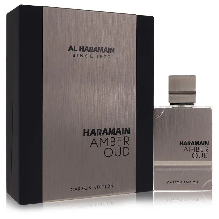 Al Haramain Amber Oud Carbon Edition perfume bottle and packaging on a white background