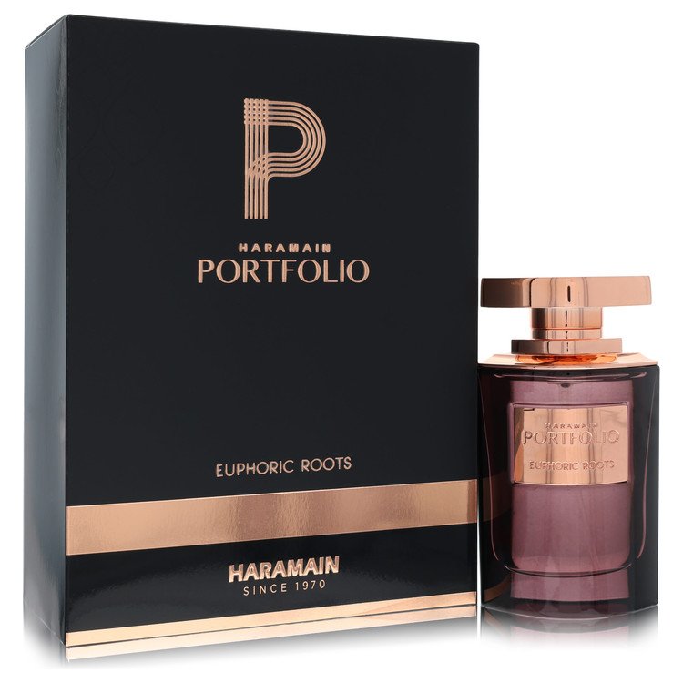 Al Haramain Portfolio Euphoric Roots Perfume bottle — Woody Spicy Oriental unisex fragrance with citrus, pink pepper, saffron, rose, oud, and amber notes