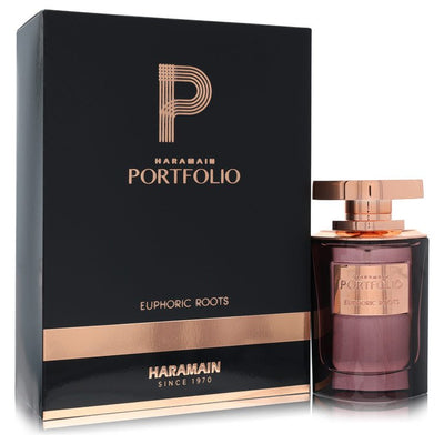 Al Haramain Portfolio Euphoric Roots Perfume bottle — Woody Spicy Oriental unisex fragrance with citrus, pink pepper, saffron, rose, oud, and amber notes
