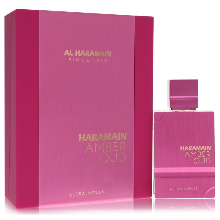  6.7 oz A Haramain Amber Oud Ultra Violet Eau de Parfum bottle with rose, bergamot, ginger, jasmine, tuberose, patchouli and oak