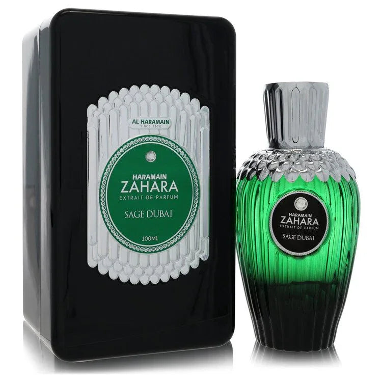 Haramain Zahara Sage Dubai perfume bottle and packaging on a white background