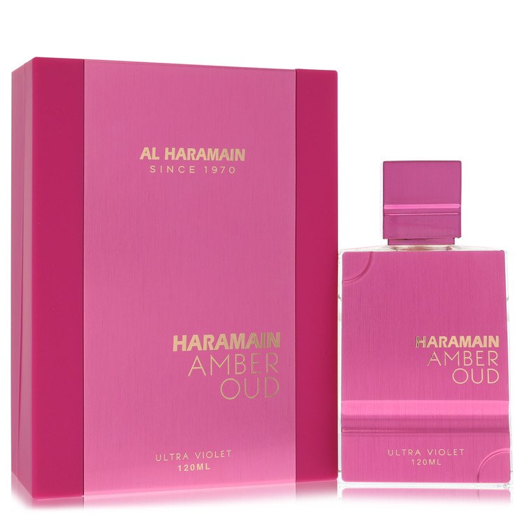 4.0 oz Al Haramain Amber Oud Ultra Violet Eau de Parfum bottle with rose, bergamot, ginger, jasmine, tuberose, patchouli and oak