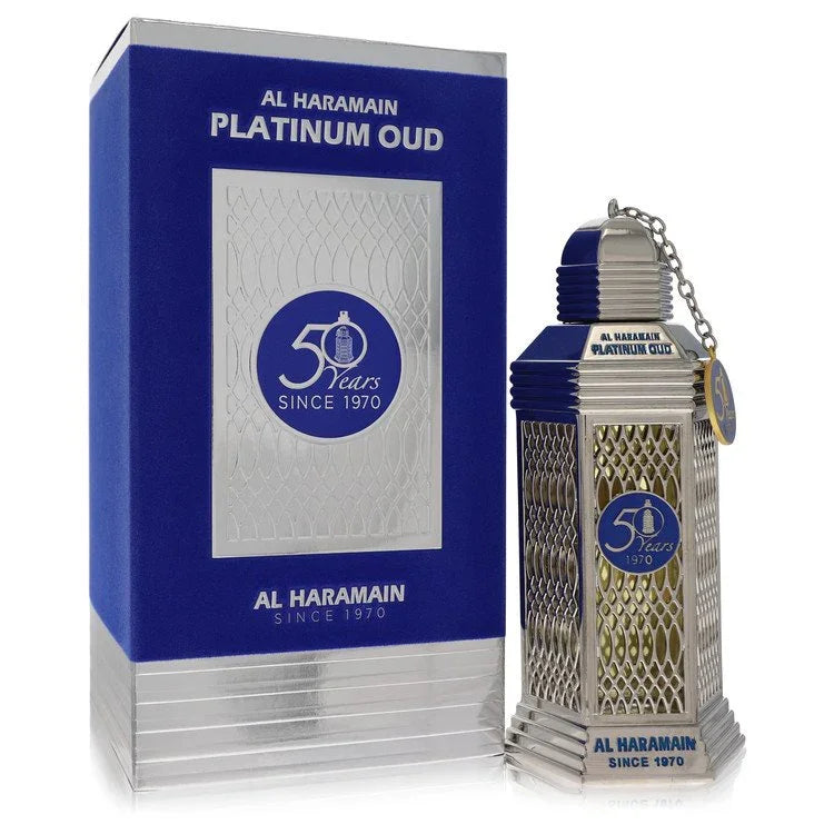 Al Haramain 50 Years Platinum Oud Perfume bottle with black pepper, cardamom, cedarwood, vetiver, amber, musk and tonka bean