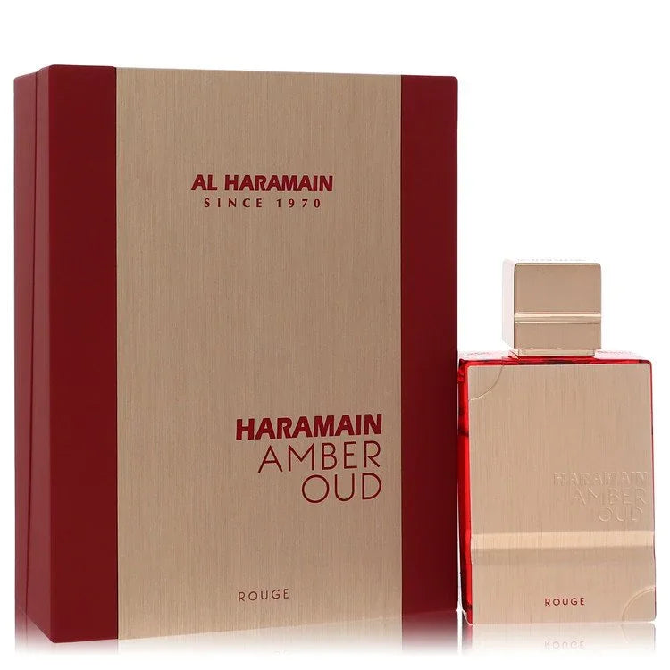 Haramain Amber Oud Rouge perfume bottle and packaging on a white background