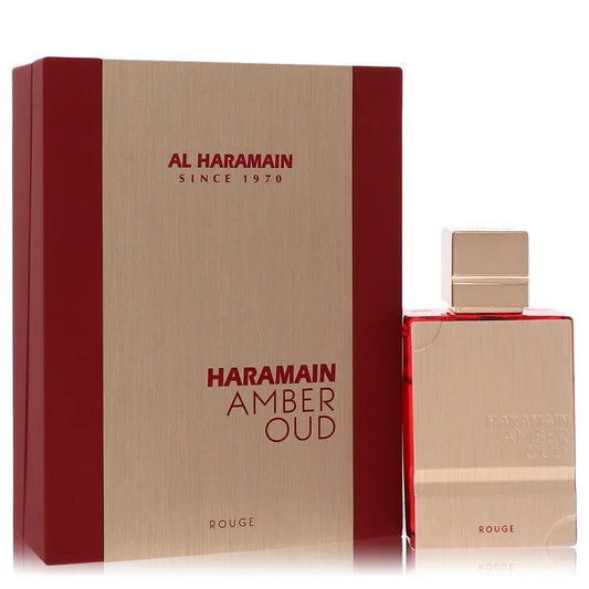 Haramain Amber Oud Rouge perfume bottle and packaging on a white background