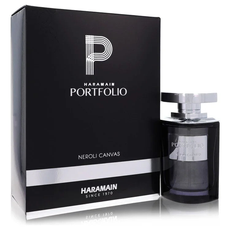 Al Haramain Portfolio Neroli Canvas Cologne luxury heavy glass flacon showcasing its architectural geometric contours, premium accents, and gold capping system