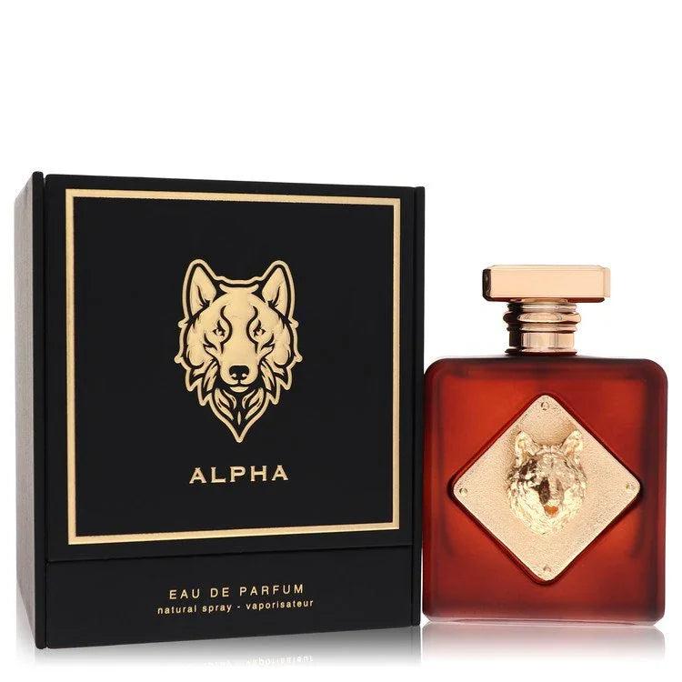 Alpha Eau de Parfum bottle and packaging with wolf design on a white background