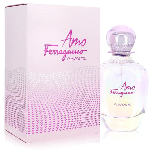 Amo Ferragamo Flowerful perfume bottle and packaging on a white background
