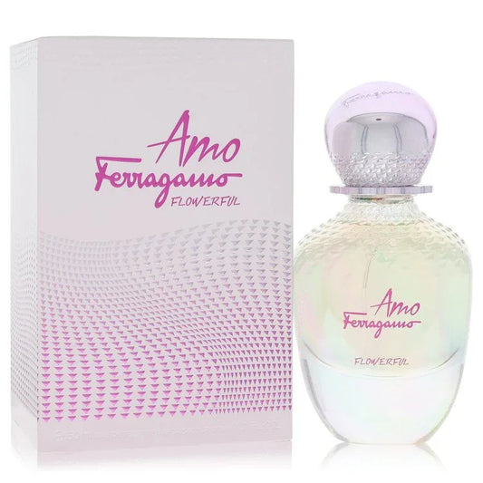 Ferragamo Amo Flowerful perfume bottle and packaging on a white background