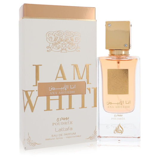 Lattafa Ana Abiyedh I am White Poudree Eau de Parfum bottle in minimalist square glass — powdery clean fragrance with florals, vanilla, and leather.